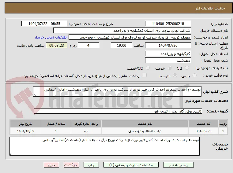 توسعه و احداث شهری احداث کابل فیبر نوری از شرکت توزیع برق ناحیه تا انبار (دهدشت) امانی*پیمانی
