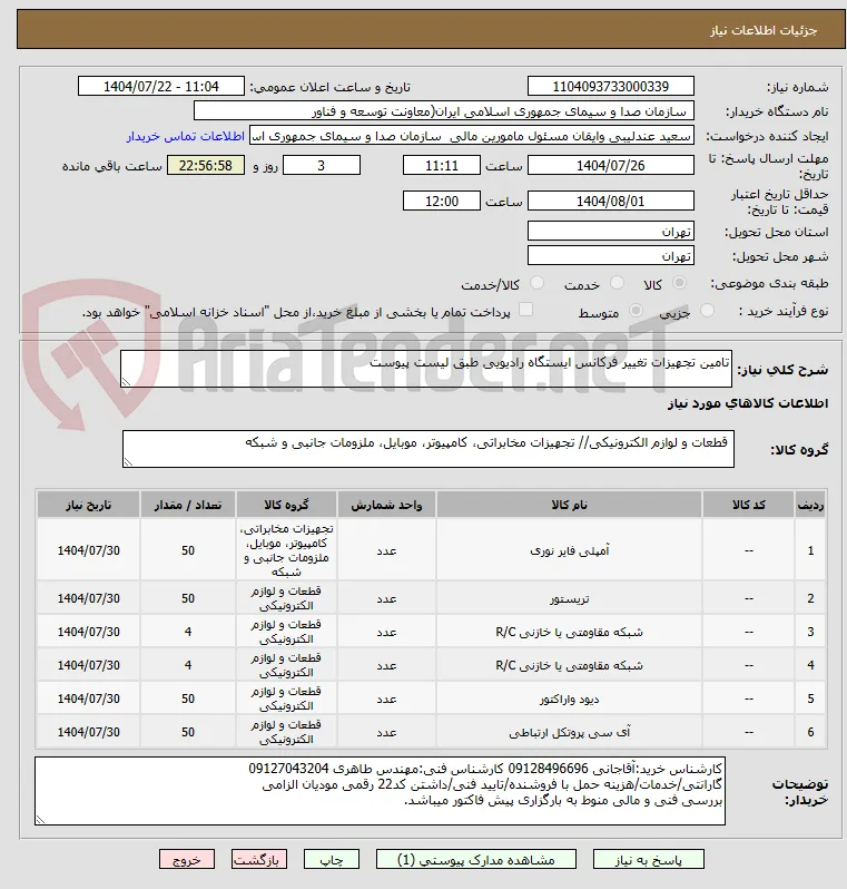 تامین تجهیزات تغییر فرکانس ایستگاه رادیویی طبق لیست پیوست