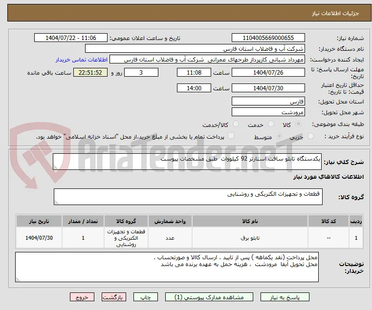 یکدستگاه تابلو سافت استارتر 92 کیلووات  طبق مشخصات پیوست