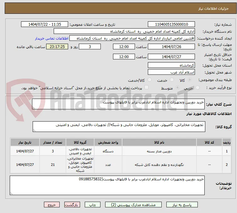 خرید دوربین وتجهیزات اداره اسلام ابادغرب برابر با فایلهای پیوست