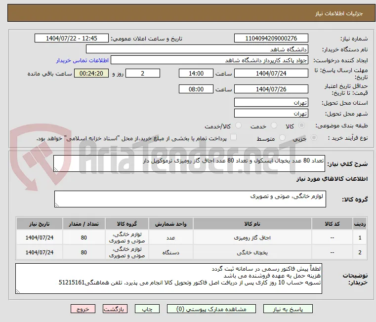 تعداد 80 عدد یخچال ایسکول و تعداد 80 عدد اجاق گاز رومیزی ترموکوپل دار 