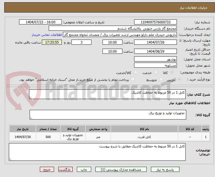 کابل 1 در 50 مربوط به حفاظت کاتدیک