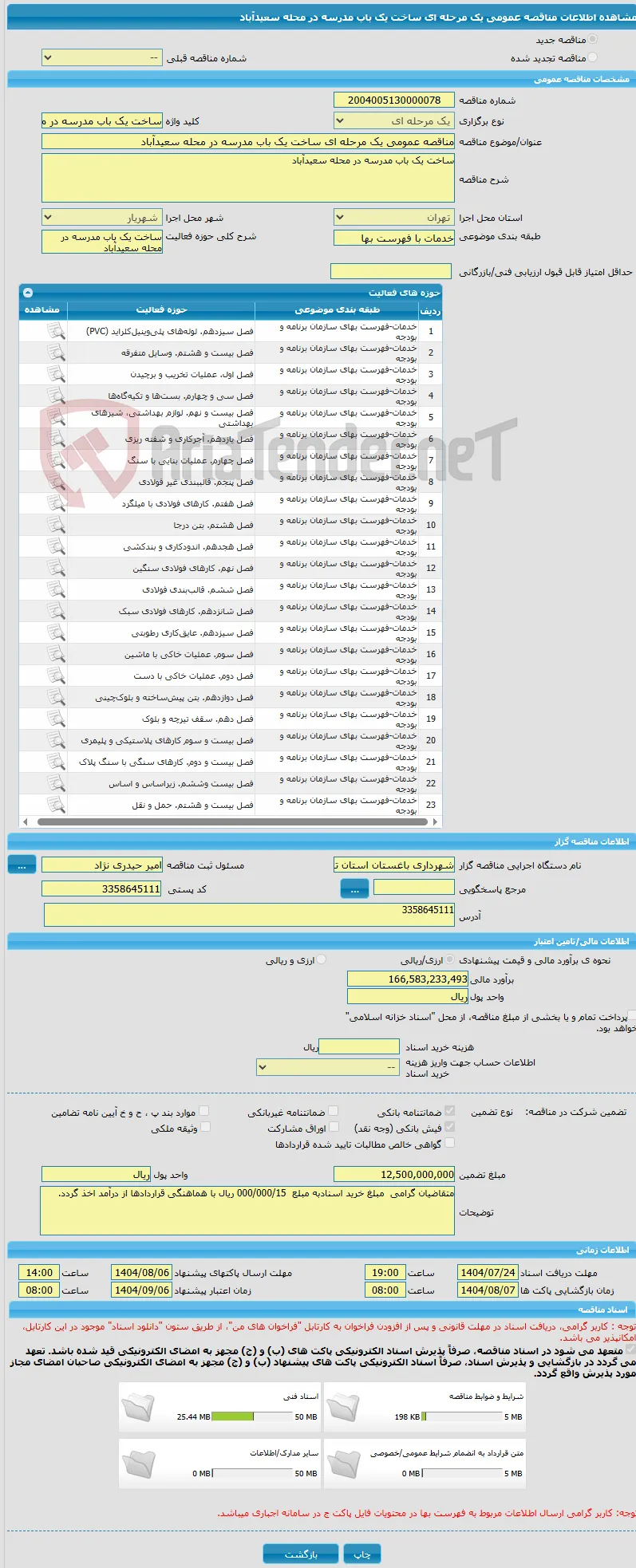 مناقصه عمومی یک مرحله ای ساخت یک باب مدرسه در محله سعیدآباد
