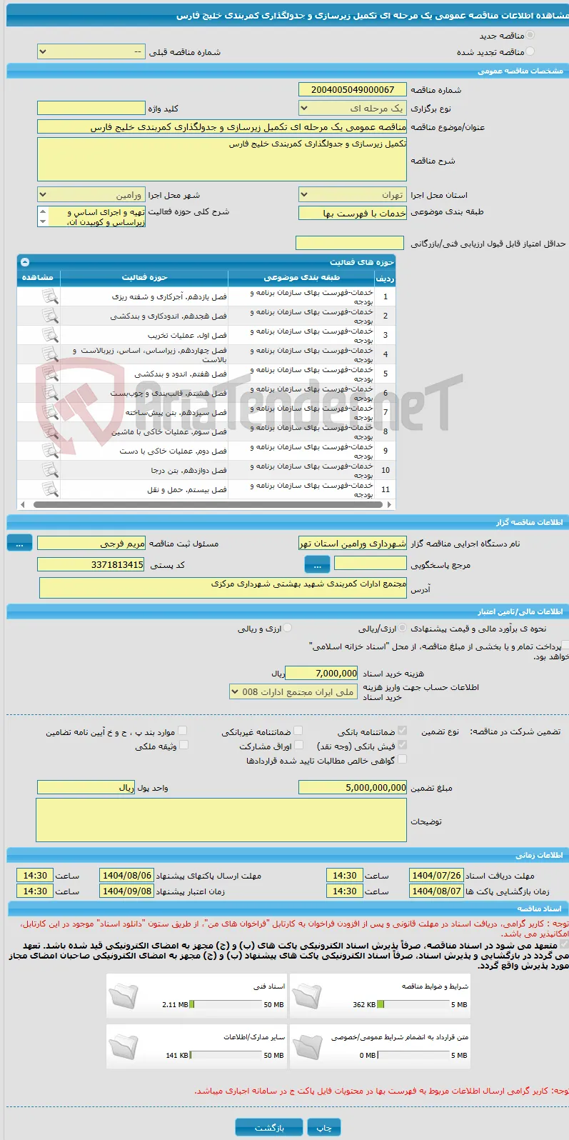 مناقصه عمومی یک مرحله ای تکمیل زیرسازی و جدولگذاری کمربندی خلیج فارس