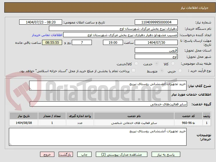 خرید تجهیزات آتشنشانی روستای نیریج