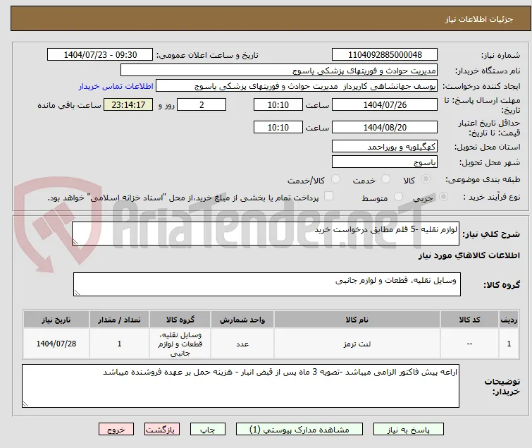 لوازم نقلیه -5 قلم مطابق درخواست خرید