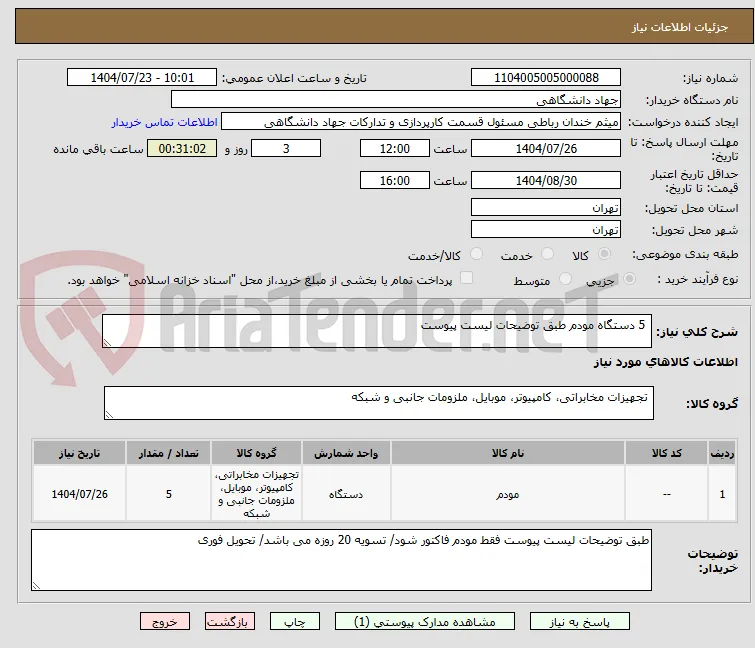  5 دستگاه مودم طبق توضیحات لیست پیوست