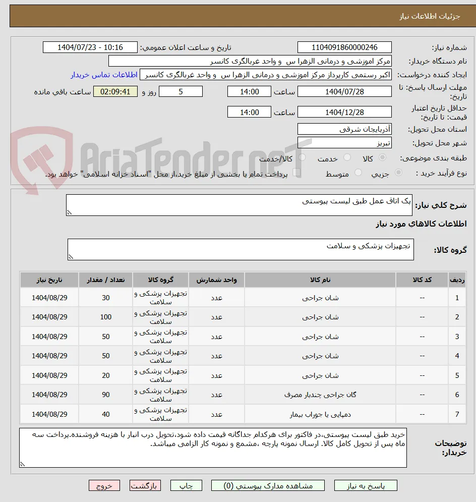پک اتاق عمل طبق لیست پیوستی