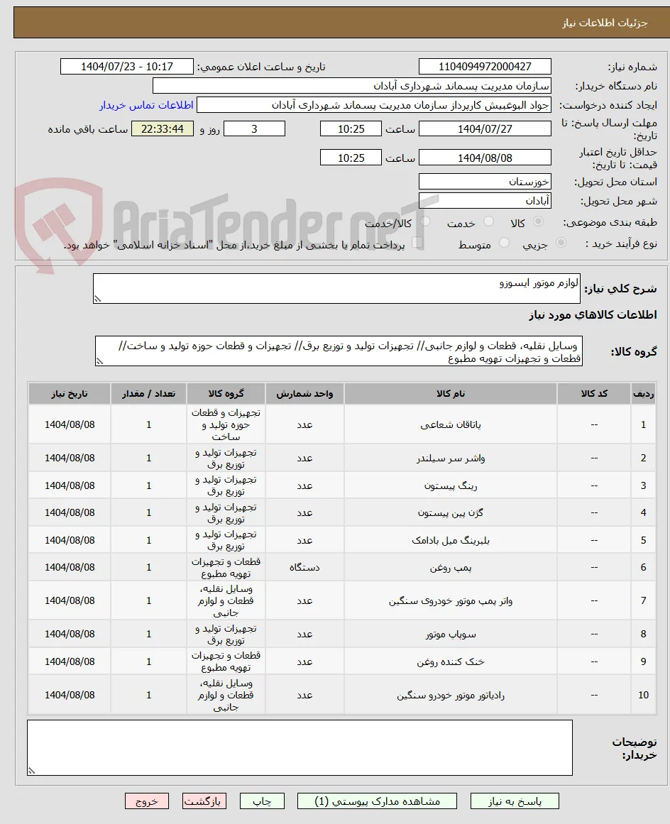 لوازم موتور ایسوزو 