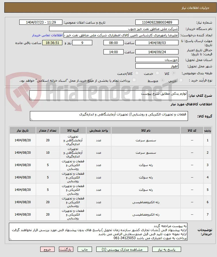 لوازم یدکی مطابق شرح پیوست