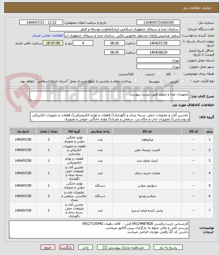 تجهیزات صدا و تصویر طبق لیست پیوست