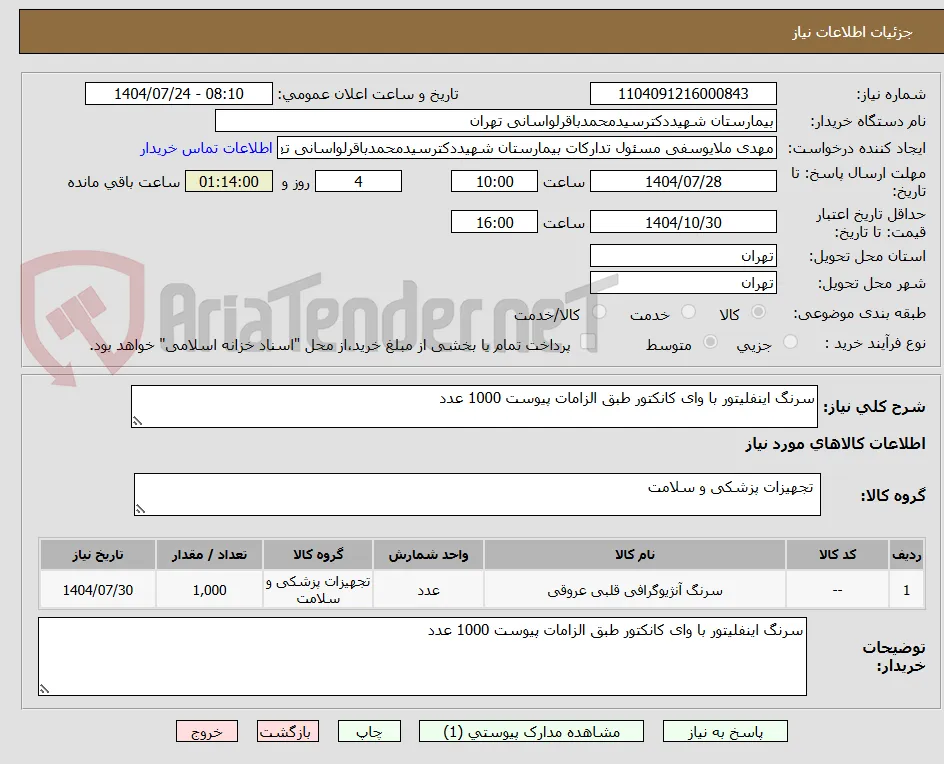 سرنگ اینفلیتور با وای کانکتور طبق الزامات پیوست 1000 عدد 