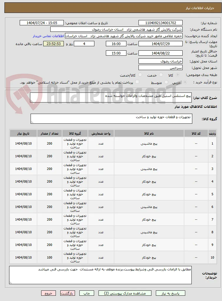 پیچ استنلس استیل طبق مشخصات والزامات خواسته شده