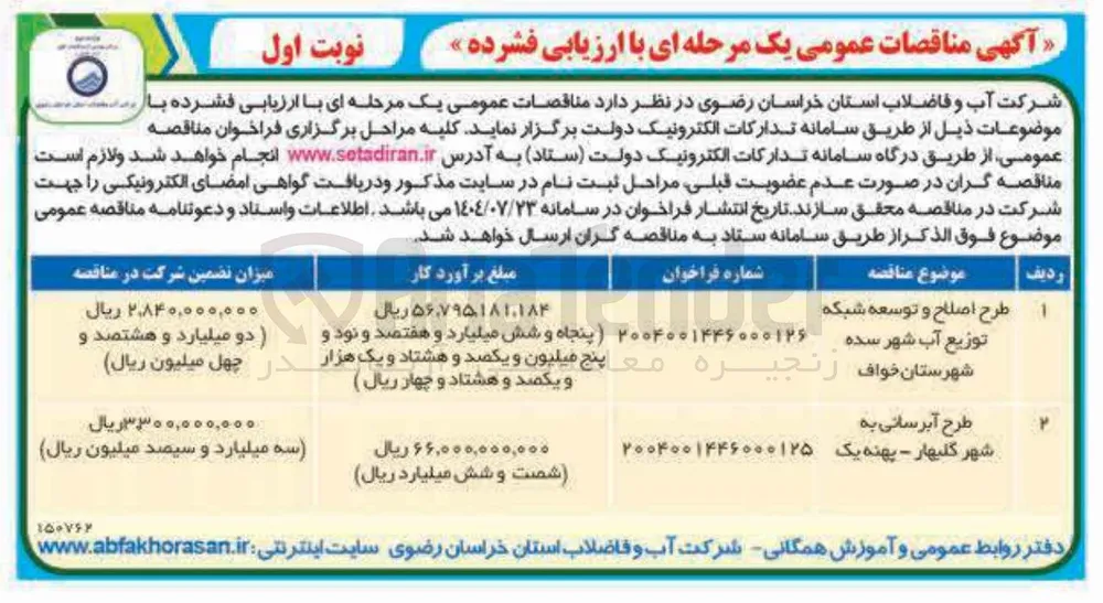 ا طرح اصلاح و توسعه شبکه توزیع آب شهر سده 
