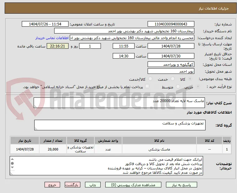 ماسک سه لایه تعداد 20000 عدد