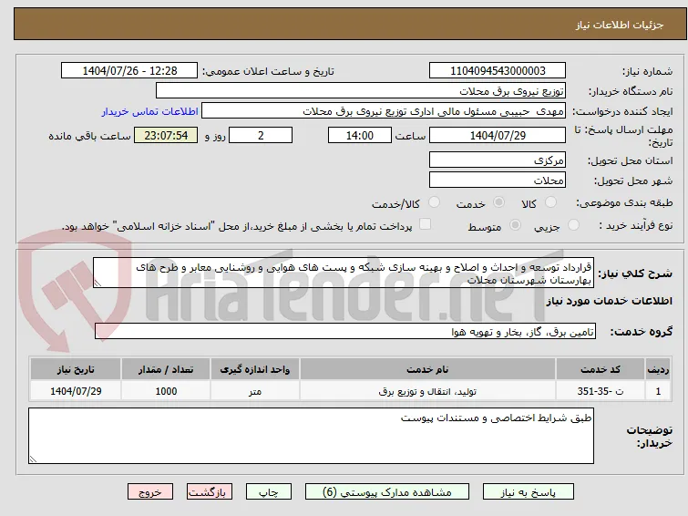 قرارداد توسعه و احداث و اصلاح و بهینه سازی شبکه و پست های هوایی و روشنایی معابر و طرح های بهارستان شهرستان محلات 