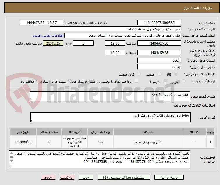 تابلو پست تک پایه  5 عدد 
