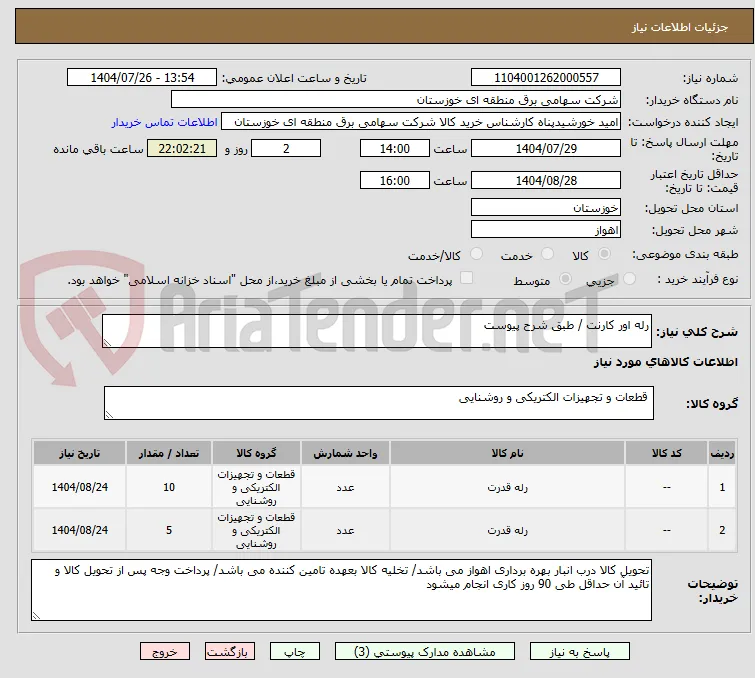 رله اور کارنت / طبق شرح پیوست 