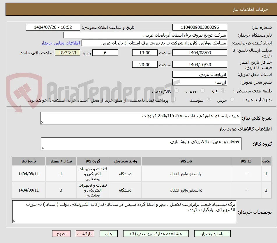خرید ترانسفور ماتورکم تلفات سه فاز315و250 کیلوولت