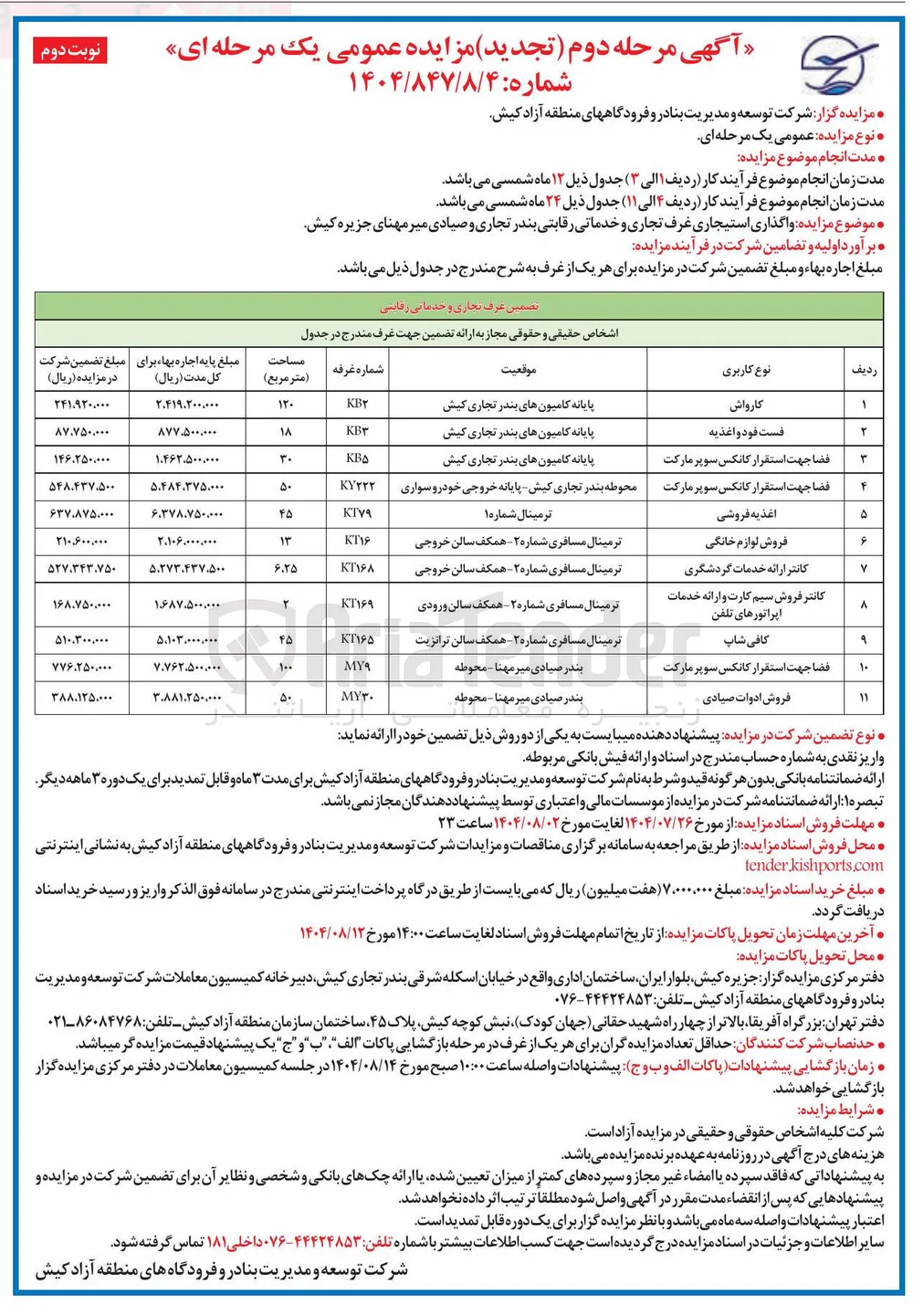 واگذاری استیجاری غرف تجاری و خدماتی رقابتی در 11 ردیف