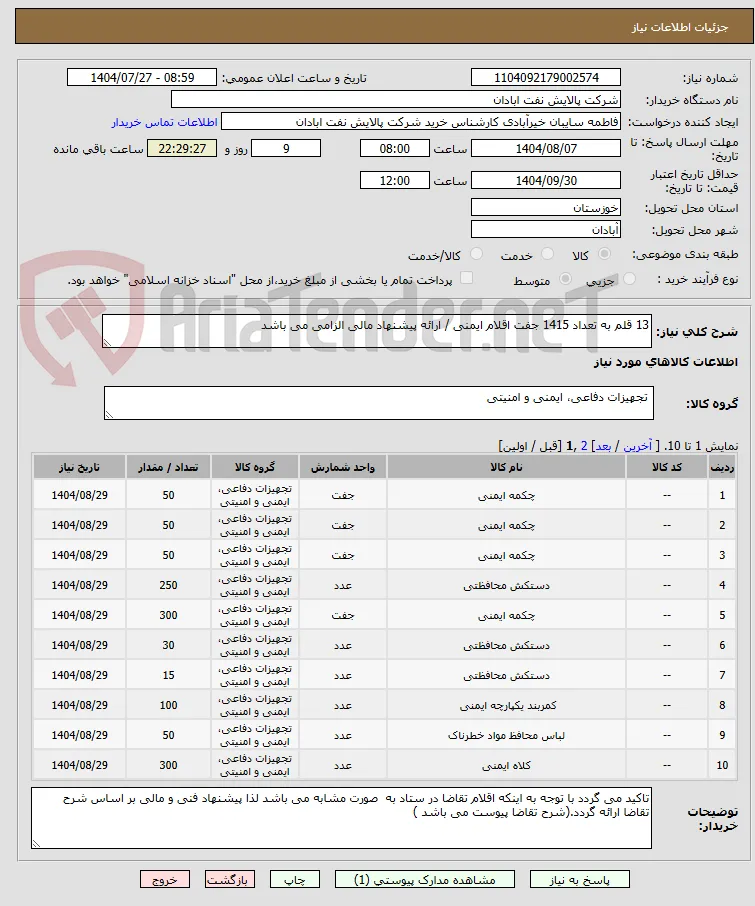 13 قلم به تعداد 1415 جفت اقلام ایمنی / ارائه پیشنهاد مالی الزامی می باشد