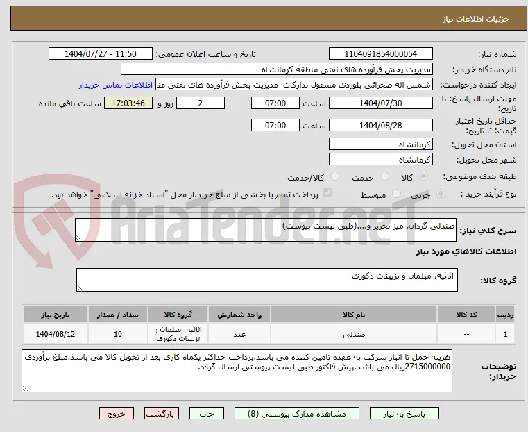 صندلی گردان, میز تحریر و....(طبق لیست پیوست)