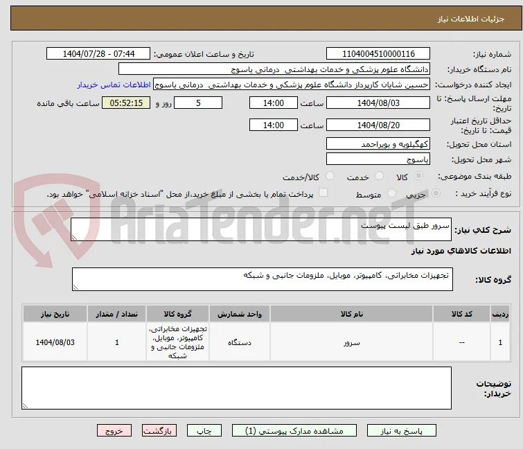 سرور طبق لیست پیوست