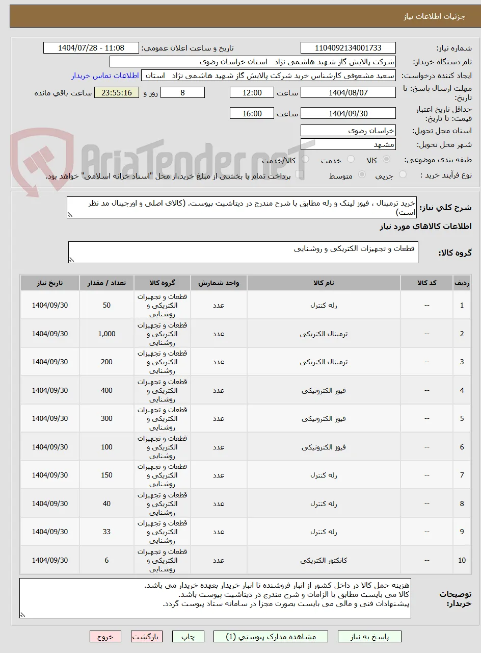 خرید ترمینال ، فیوز لینک و رله مطابق با شرح مندرج در دیتاشیت پیوست. (کالای اصلی و اورجینال مد نظر است)