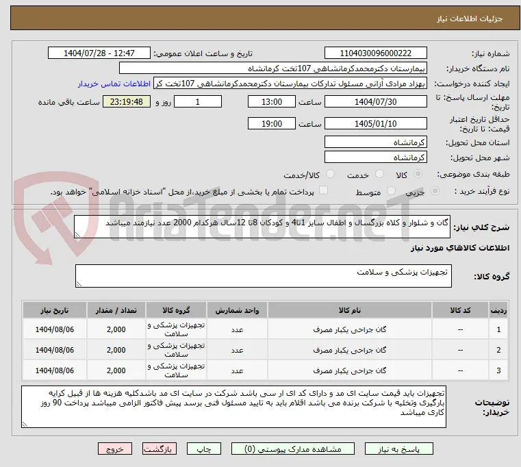 گان و شلوار و کلاه بزرگسال و اطفال سایز 1تا4 و کودکان 8تا 12سال هرکدام 2000 عدد نیازمند میباشد