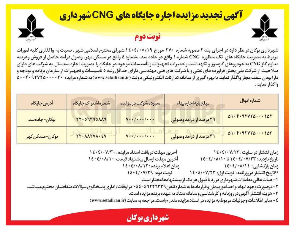 واگذاری کلیه امورات مربوط به مدیریت جایگاههای تک منظوره CNG 