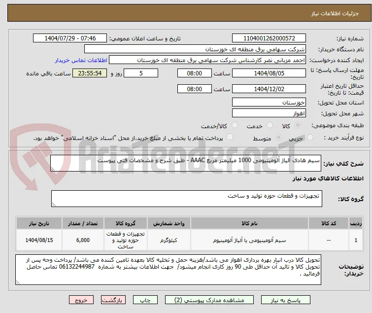 سیم هادی آلیاژ آلومینیومی 1000 میلیمتر مربع AAAC - طبق شرح و مشخصات فنی پیوست