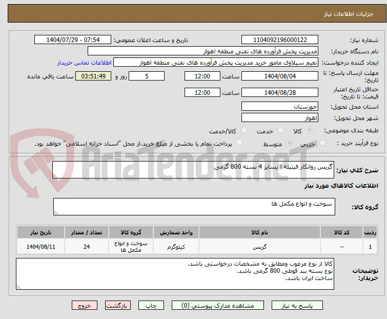 گریس روانکار فیتیله ا یسایز 4 بسته 800 گرمی