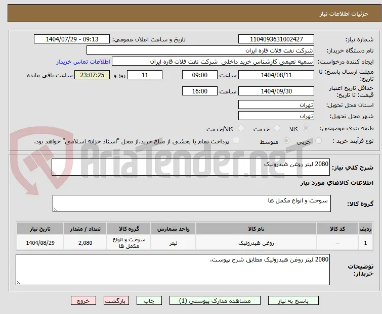2080 لیتر روغن هیدرولیک