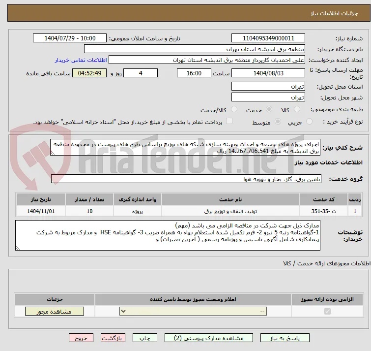 اجرای پروژه های توسعه و احداث وبهینه سازی شبکه های توزیع براساس طرح های پیوست در محدوده منطقه برق اندیشه به مبلغ 14.267.706.541 ریال