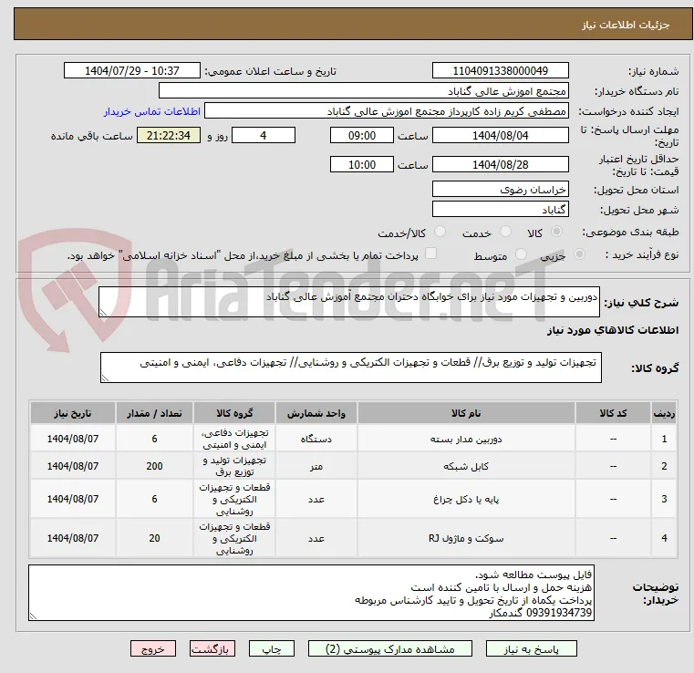 دوربین و تجهیزات مورد نیاز برای خوابگاه دحتران مجتمع آموزش عالی گناباد