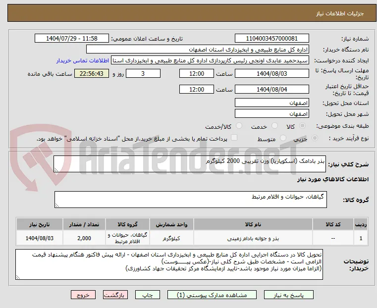 بذر بادامک (اسکوپاریا) وزن تقریبی 2000 کیلوگرم