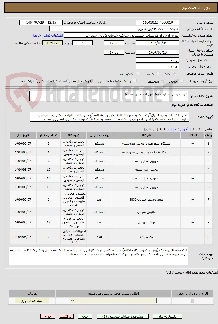 خرید دوربین مداربسته(طبق لیست پیوست)