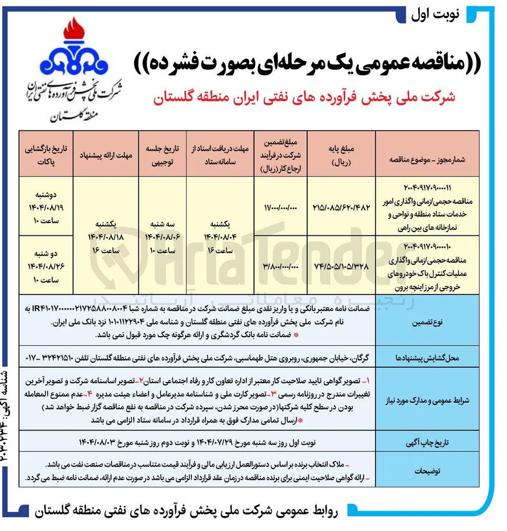 حجمی زمانی واگذاری امور خدمات ستاد منطقه و نواحی و نمازخانه های بین راهی 