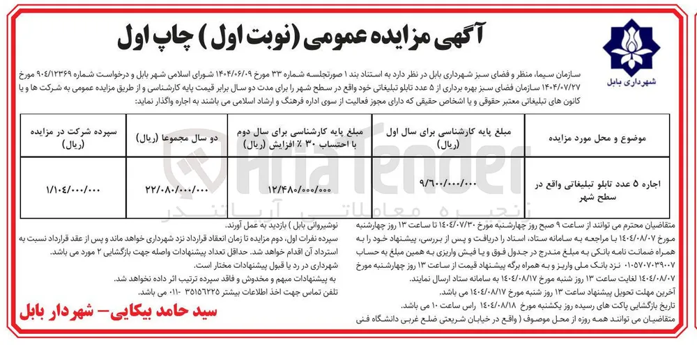 اجاره ۵ عدد تابلو تبلیغاتی 