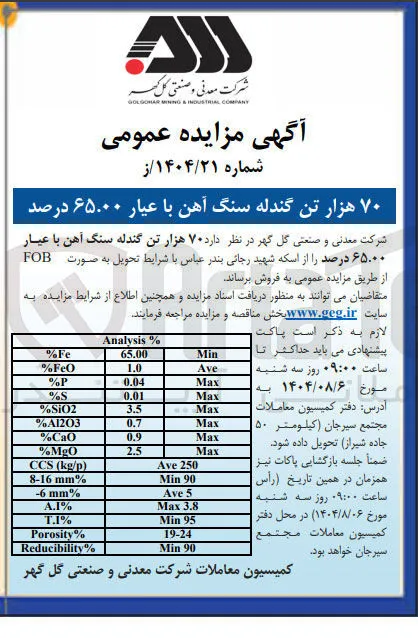 فروش ۷۰ هزار تن گندله سنگ آهن با عیار ۶۵.۰۰ درصد 