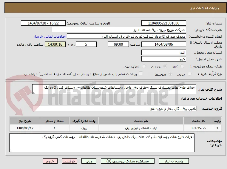 اجرای طرح های بهسازی شبکه¬های برق داخل روستاهای شهرستان طالقان – روستای کش گروه یک