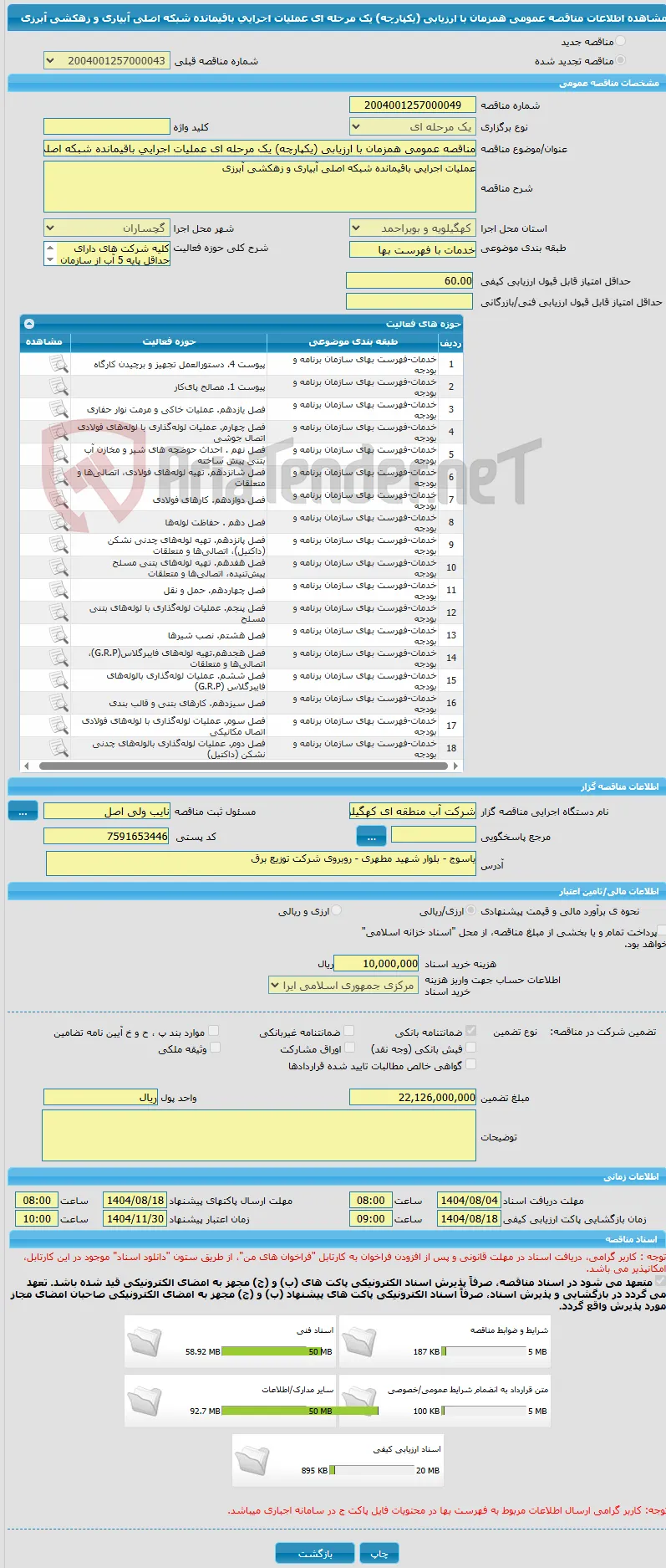 مناقصه عمومی همزمان با ارزیابی (یکپارچه) یک مرحله ای عملیات اجرایی باقیمانده شبکه اصلی آبیاری و زهکشی آبرزی