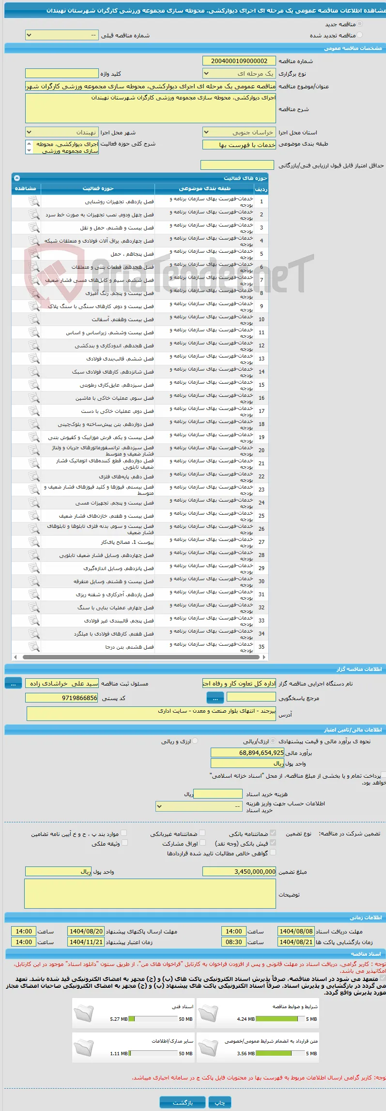 مناقصه عمومی یک مرحله ای اجرای دیوارکشی، محوطه سازی مجموعه ورزشی کارگران شهرستان نهبندان