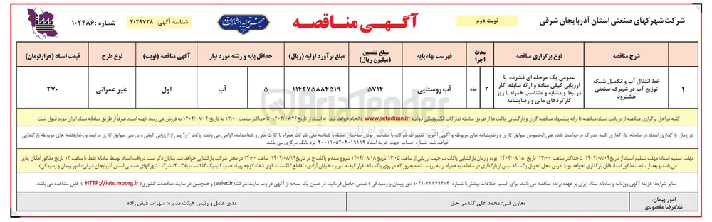خط انتقال آب و تکمیل شبکه توزیع آب در شهرک صنعتی 