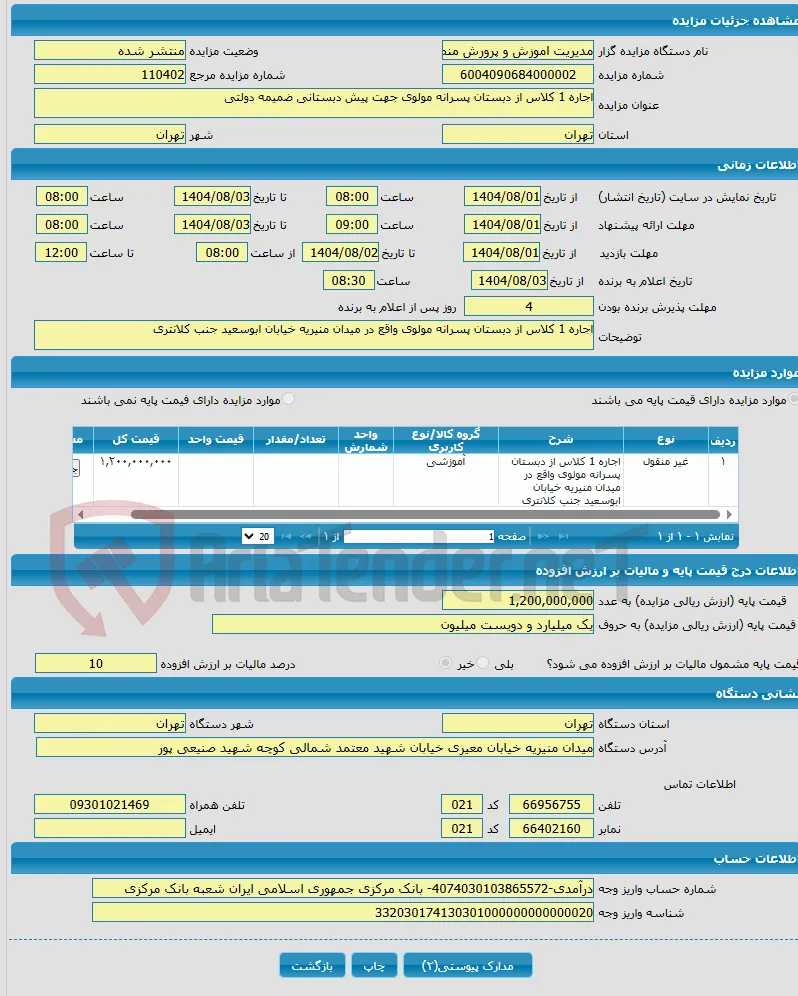 اجاره 1 کلاس از دبستان پسرانه مولوی جهت پیش دبستانی ضمیمه دولتی