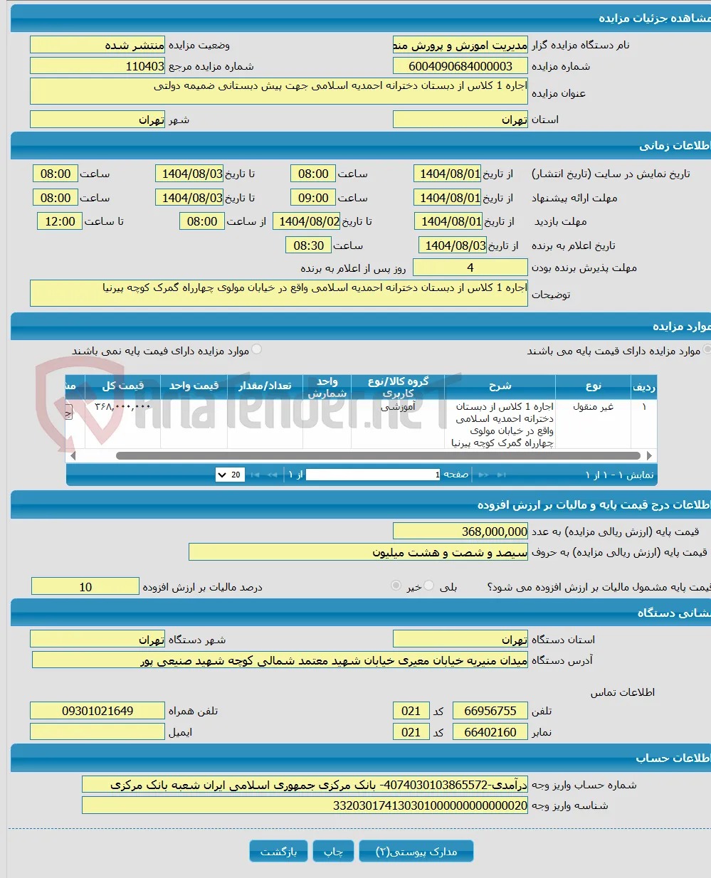 اجاره 1 کلاس از دبستان دخترانه احمدیه اسلامی جهت پیش دبستانی ضمیمه دولتی