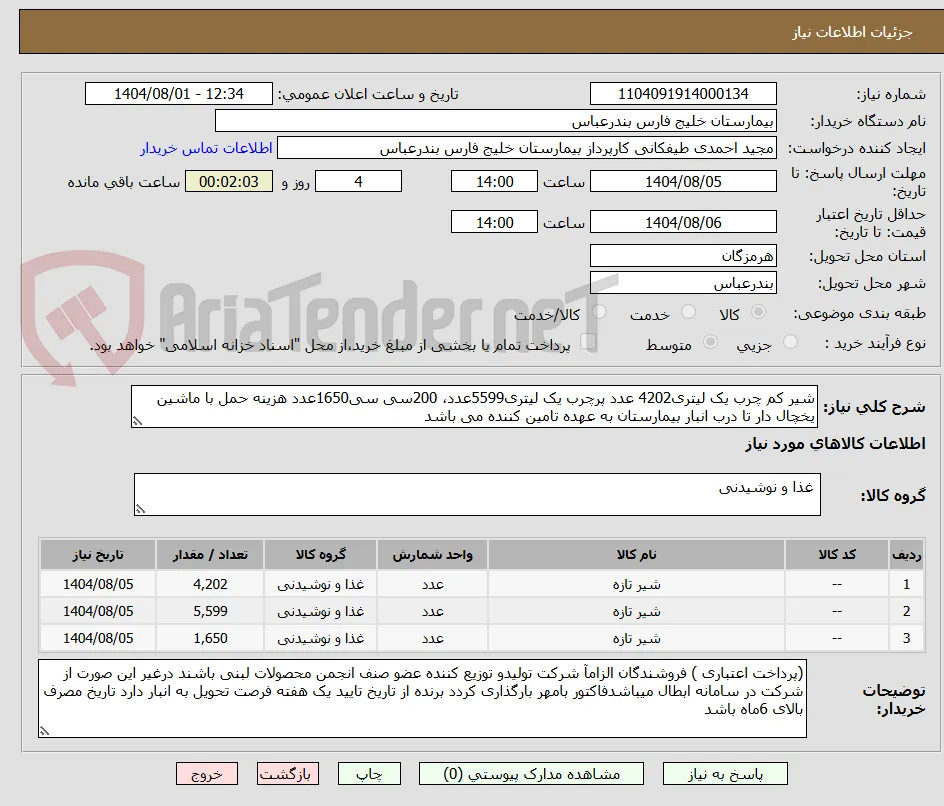 شیر کم چرب یک لیتری4202 عدد پرچرب یک لیتری5599عدد، 200سی سی1650عدد هزینه حمل با ماشین یخچال دار تا درب انبار بیمارستان به عهده تامین کننده می باشد 