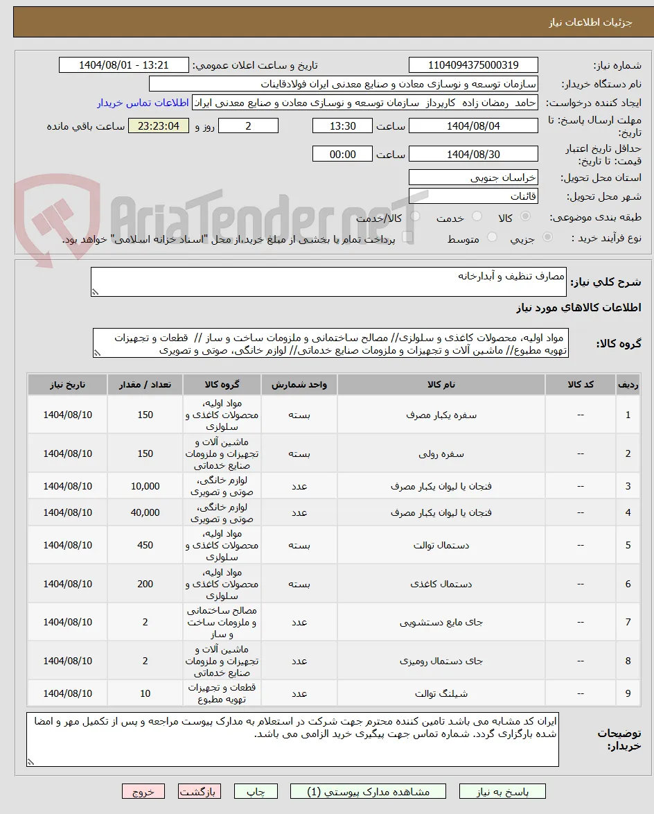 مصارف تنظیف و آبدارخانه