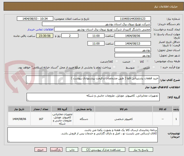 خرید قطعات پشتیبانی فاوا ( طبق مشخصات و قیمت پیشنهادی پیوست )