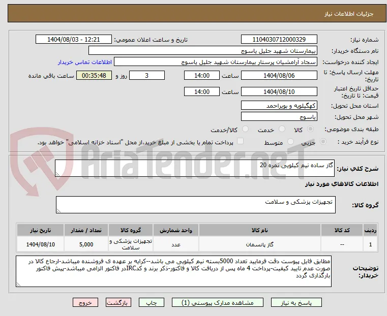 گاز ساده نیم کیلویی نمره 20 